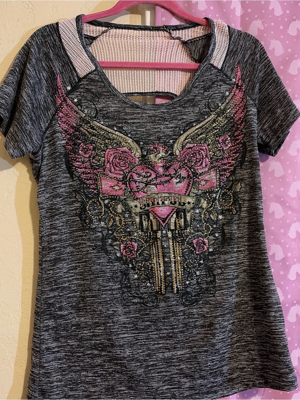 Affliction Gray Short Sleeve Graphic Tee with Pink and Gold Embellishment